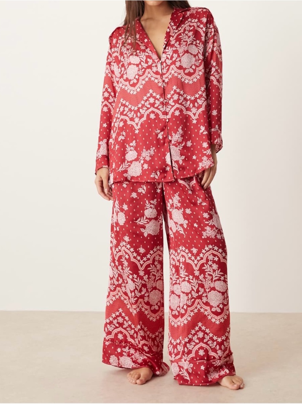 Free People Intimately Cherry combo FP Red Floral Satin Pajama Set Women’s M NWT